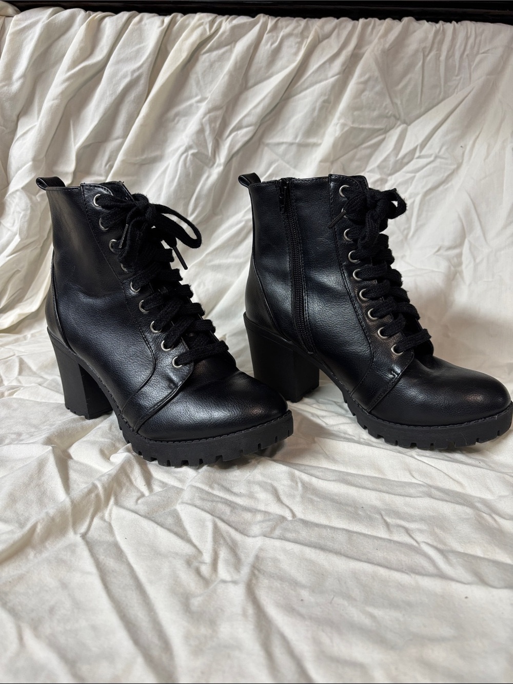 Time and Tru Black Lace-Up Chunky Heel Ankle Boots
